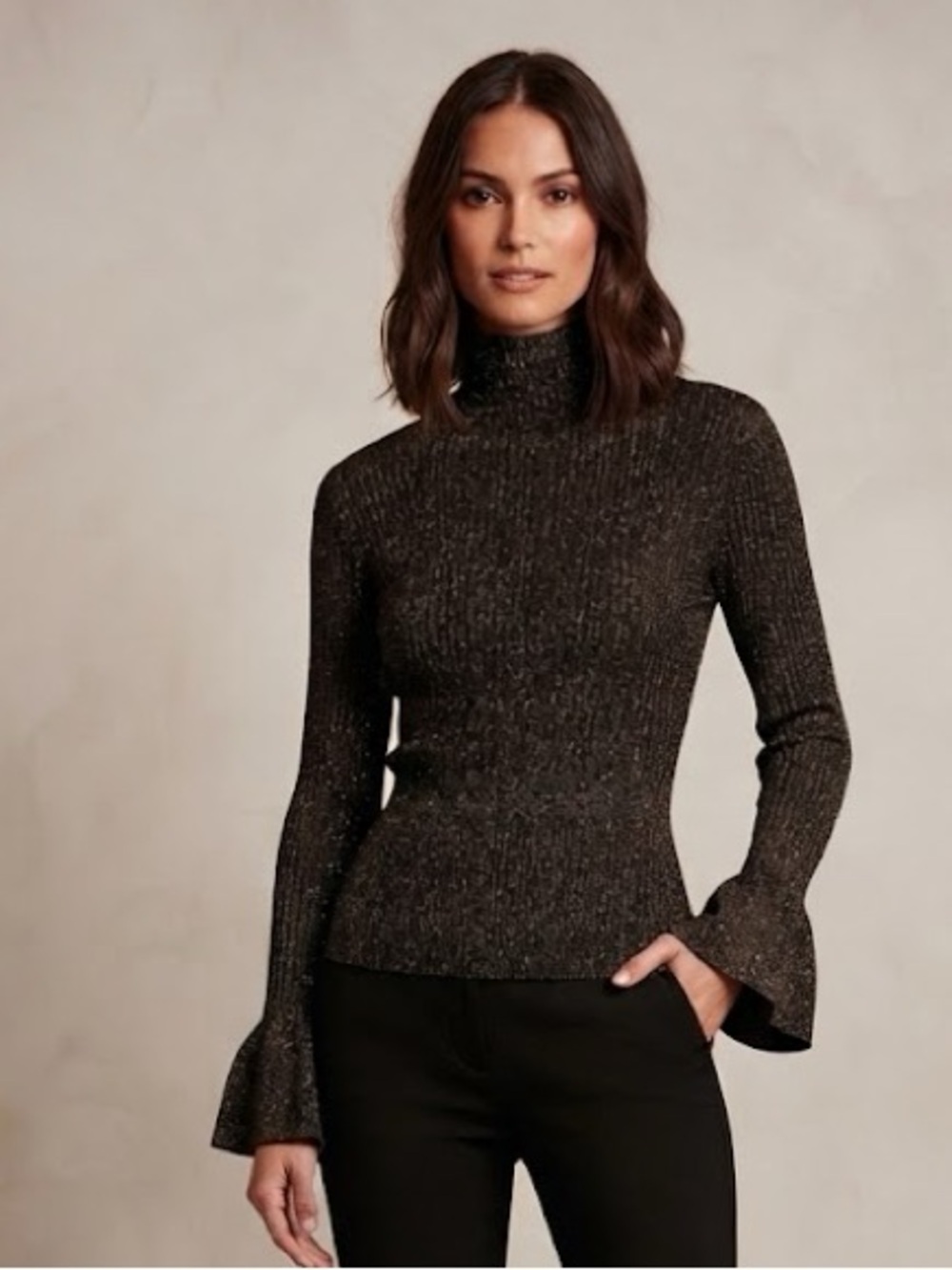 Veronica Beard Lilia Black Gold Metallic Ribbed Turtleneck Bell Sleeve Sweater S